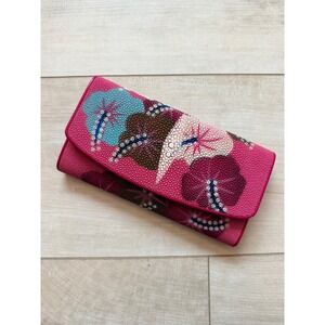 Genuine Stingray Skin Wallet Rare Hibiscus Pink Floral Design Made in Thailand